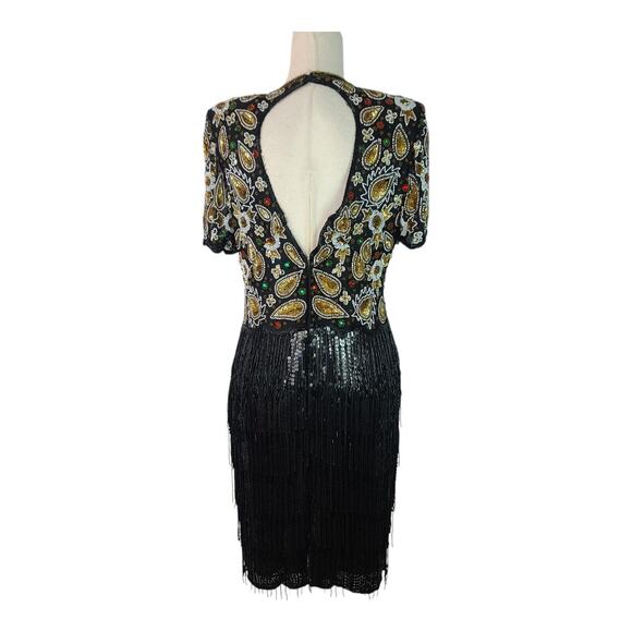 Sweelo Beaded Silk Black Gold Green Vintage Flapper Style Cocktail Evening Dress - Picture 4 of 6